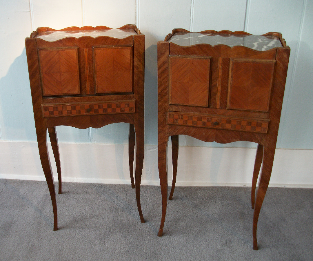 Pair of French Louis XVI style marquetry bedside cabinets